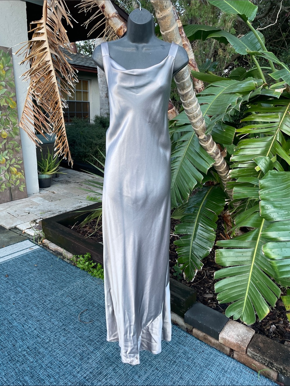 Silver cowl neck bias cut satin slip dress by JS collections